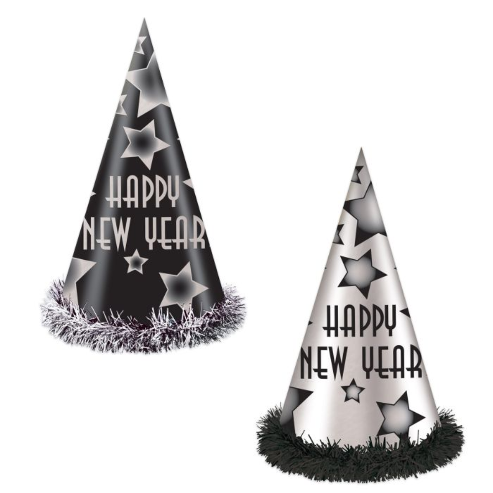 Happy New Year Party Hats - Black & Silver