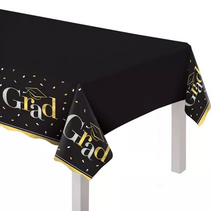 Black, Silver & Gold Grad Plastic Table Cover,