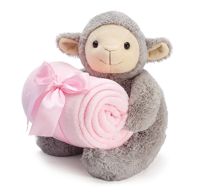 PLUSH GRAY LAMB WITH PINK BLANKET
