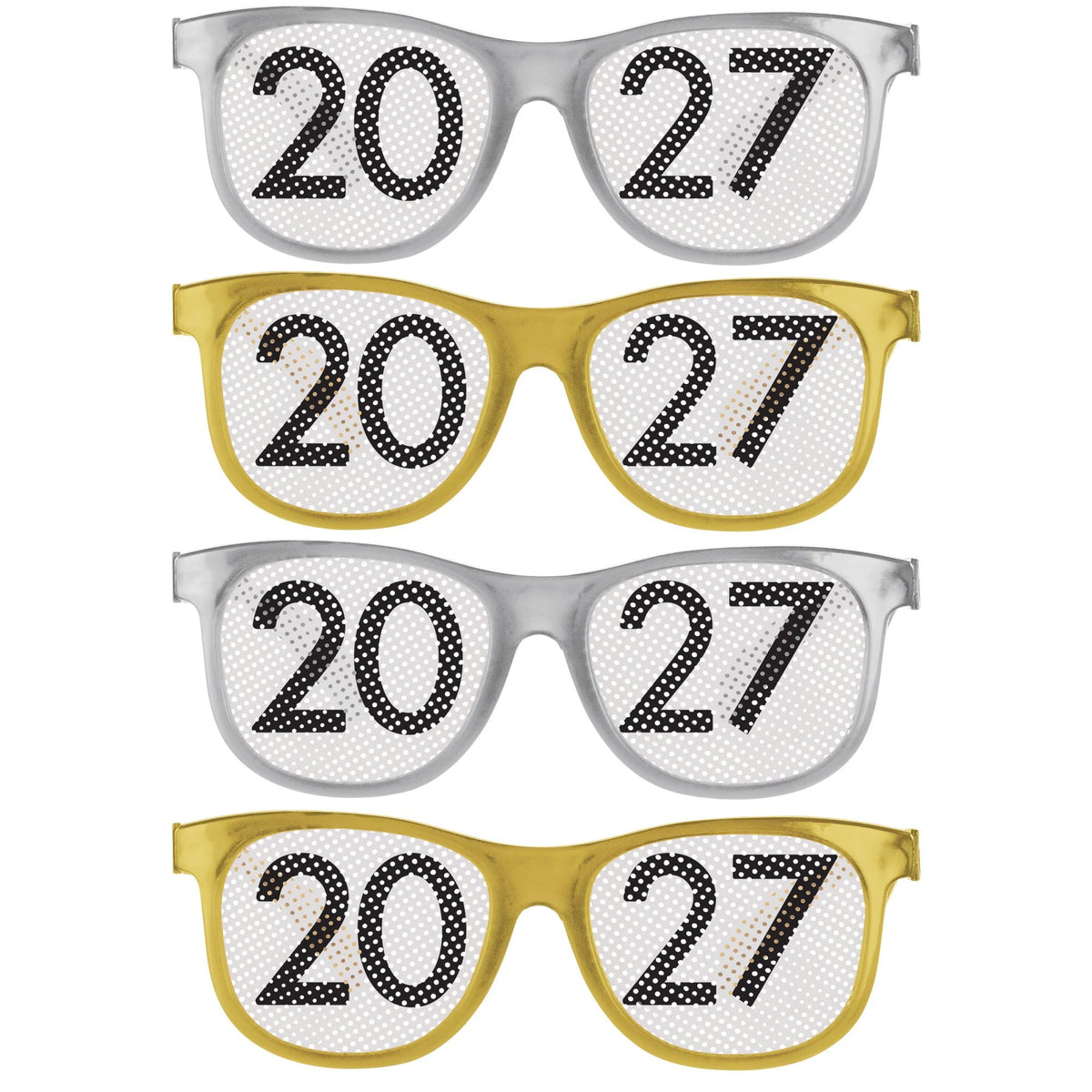 2027 Plastic New Years Glasses - Black, Silver, Gold