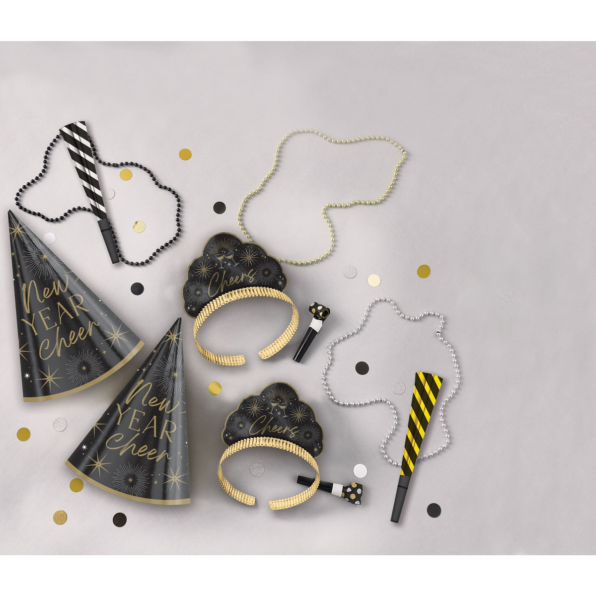New Years 10 Person Party Kit - Black, Silver, Gold