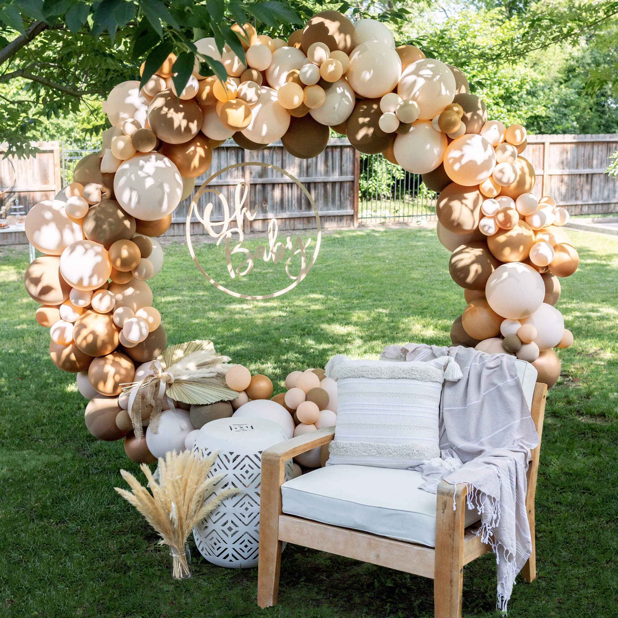 boho baby shower balloon arch with oh baby sign