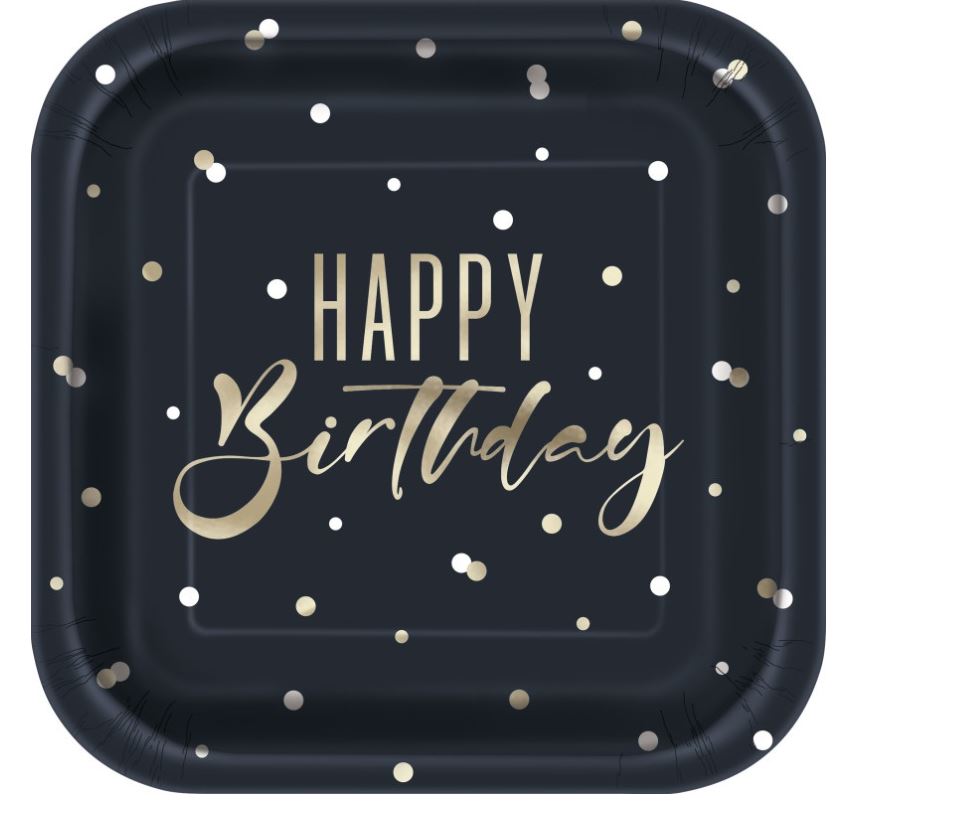 Gold Happy Birthday "Happy Birthday" Square 7" Dessert Plates  8ct - Foil Stamping