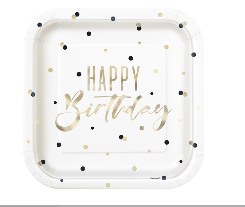Gold Happy Birthday "Happy Birthday" Square 9" Dinner Plates  8ct - Foil Stamping