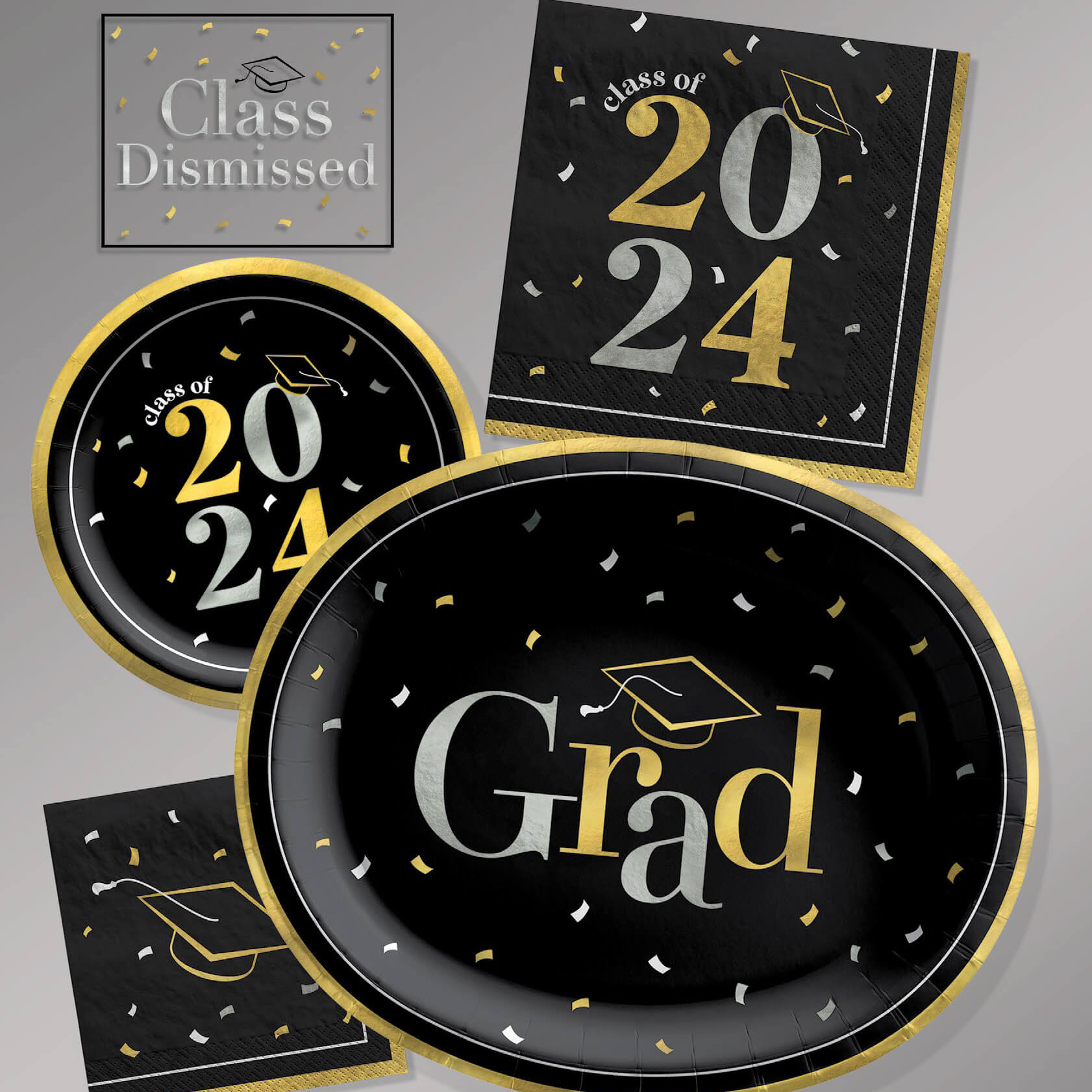 silver and gold class dismissed tableware for grad 2024