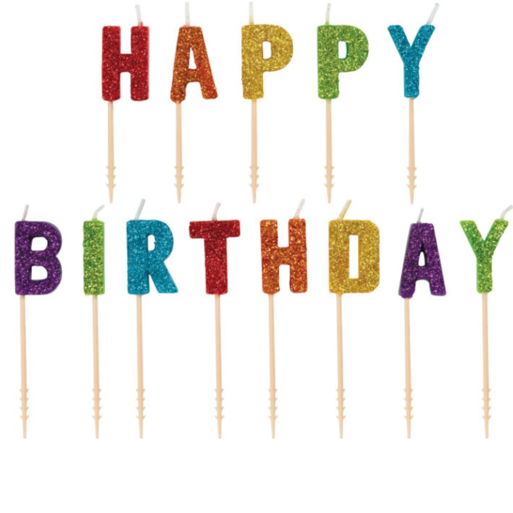Rainbow Glitter "Happy Birthday" Letter Pick Birthday Candles