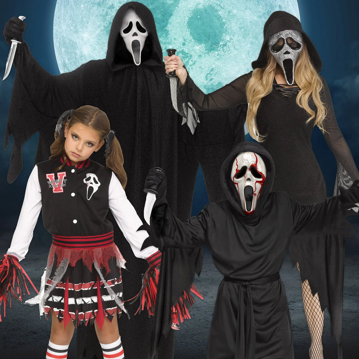 adults and kids ghostface masks and costumes with accessories