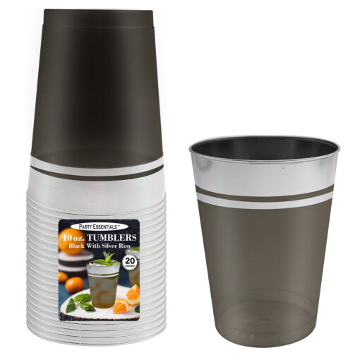 10 OZ. TUMBLERS – BLACK W/ SILVER RIM 20 CT.