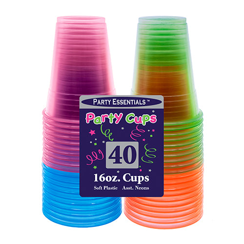 ASSORTED NEON SOFT PLASTIC CUPS 16 OZ – 40 CT.