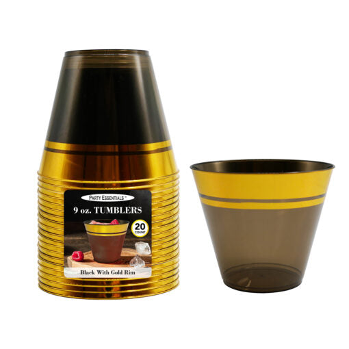 9 OZ. TUMBLERS – BLACK W/ GOLD RIM 20 CT.