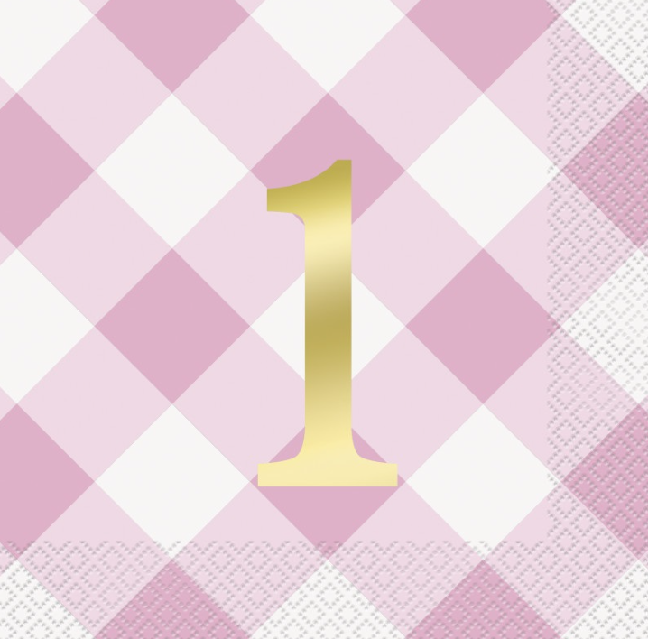 Pink Gingham 1st Birthday Lunch Napkins