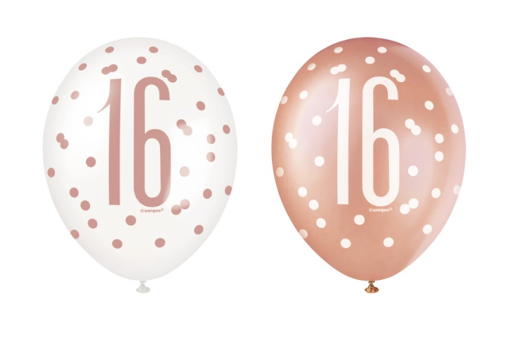 12" Rose Gold Latex Balloons 16th Birthday - 6ct.