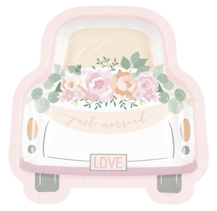 Pink Blooms "Just Married" Car-Shaped Plates