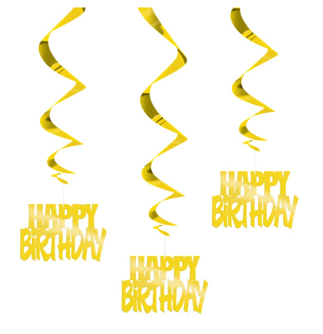 Happy Birthday Gold Foil Hanging Swirl Decorations