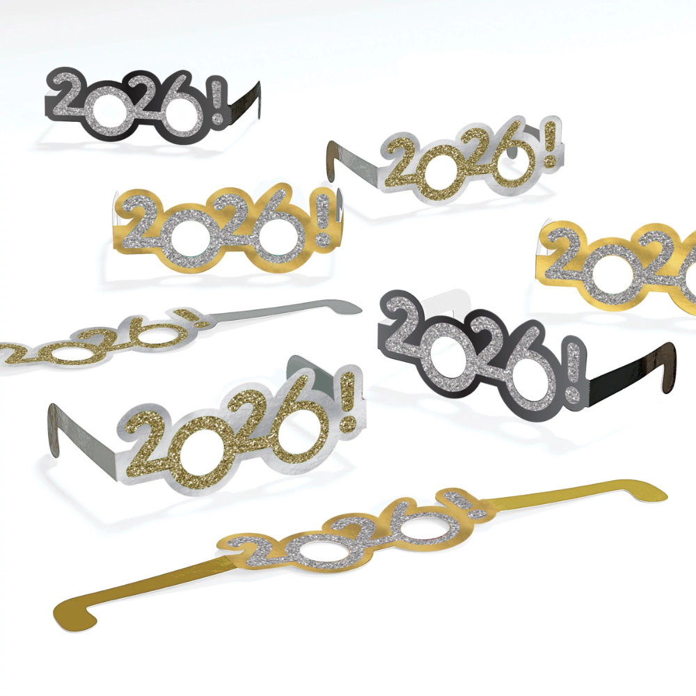 2026 NYE Glitter Glasses - Black, Silver, Gold