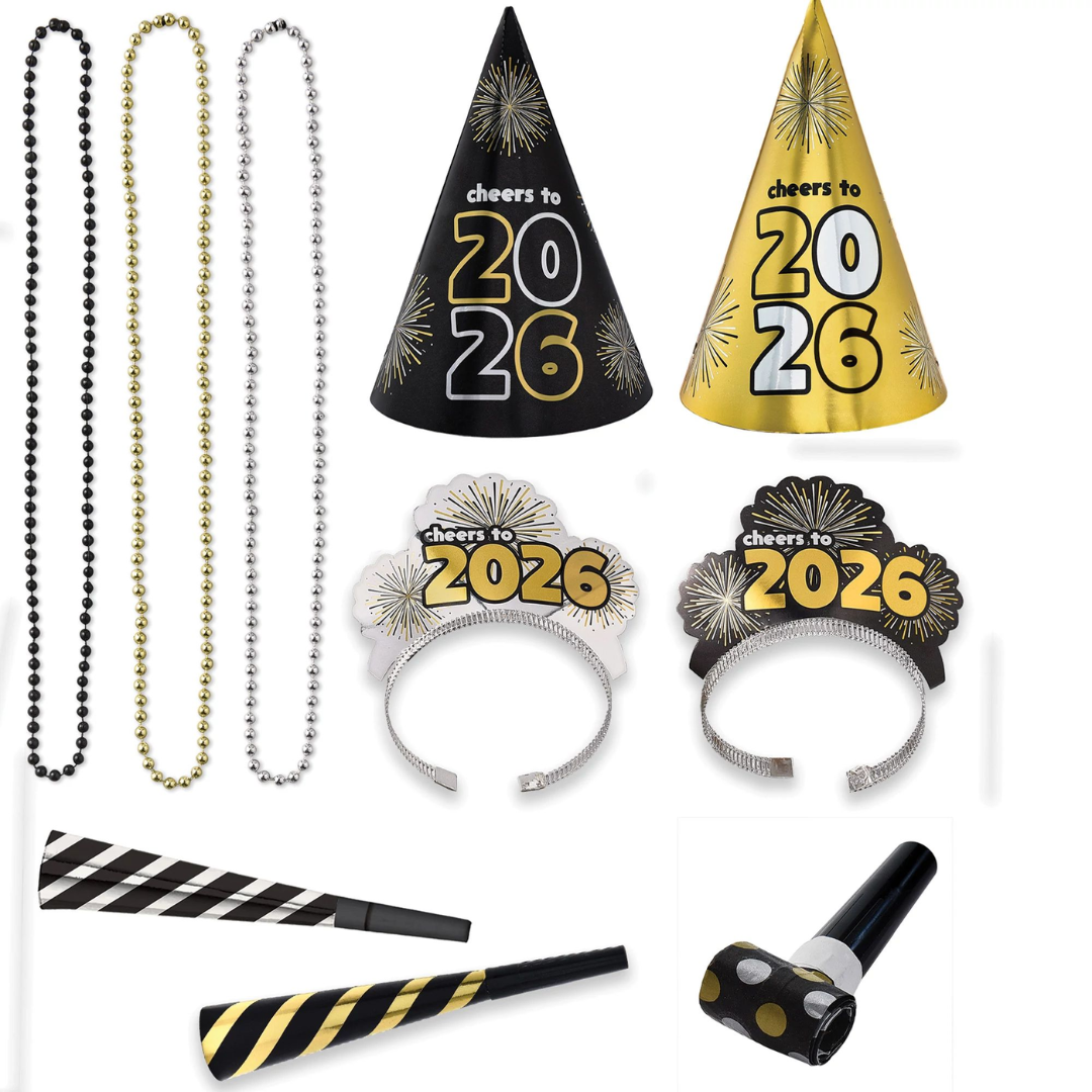 2026 New Years 4 Person Party Kit - Black, Silver, Gold
