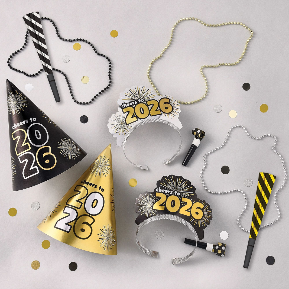 2026 New Years 10 Person Party Kit - Black, Silver, Gold