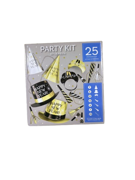 75-Piece New Year's Eve Party Supplies: Wearables & Noisemakers for 25 Guests in Black, Gold, and Silver