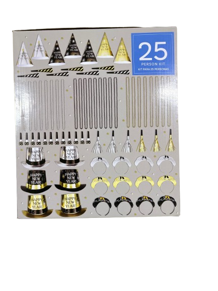 75-Piece New Year's Eve Party Supplies: Wearables & Noisemakers for 25 Guests in Black, Gold, and Silver