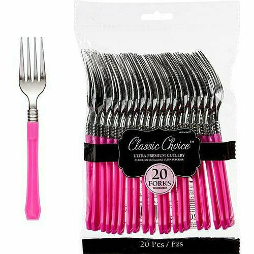 Amscan BASIC Classic Silver & Bright Pink Premium Plastic Forks 20ct