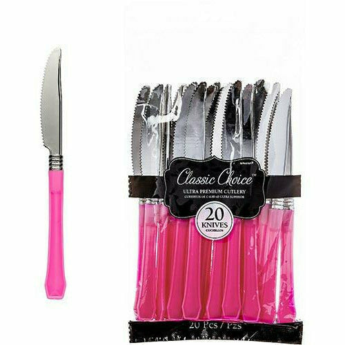 Amscan BASIC Classic Silver & Bright Pink Premium Plastic Knives 20ct