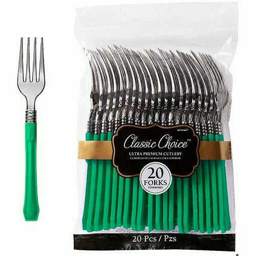 Amscan BASIC Classic Silver & Festive Green Premium Plastic Forks 20ct