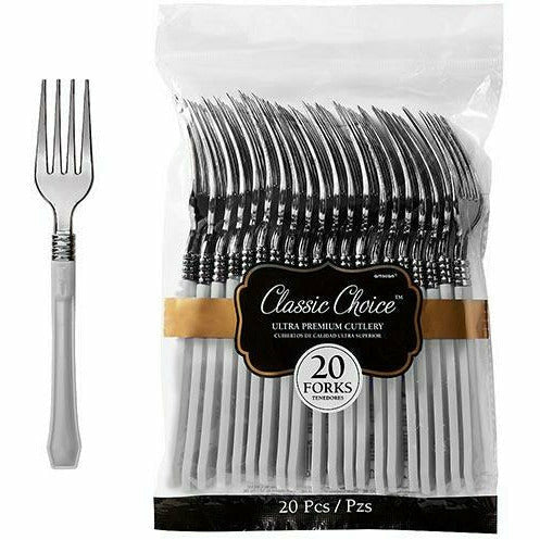 Amscan BASIC Classic Silver & Silver Premium Plastic Forks 20ct