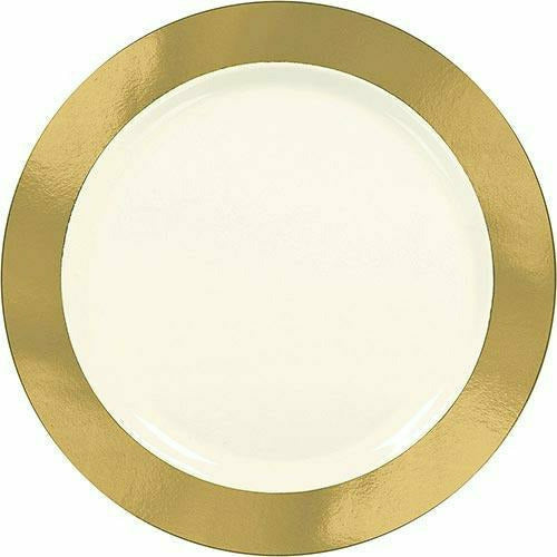 Amscan BASIC Cream Gold Border Premium Plastic Dinner Plates 10ct