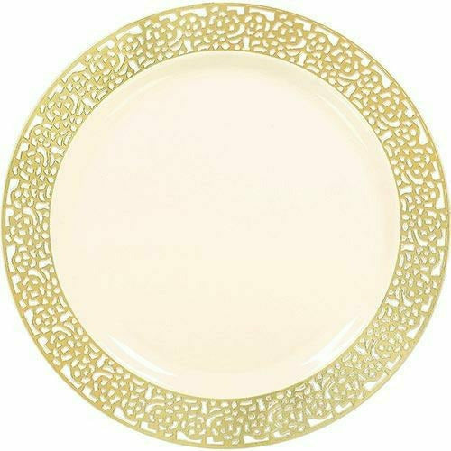 Amscan Basic Cream Gold Lace Border Premium Plastic Dinner Plates 10ct
