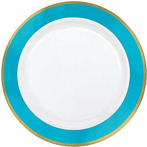Amscan BASIC Gold & Caribbean Blue Border Premium Plastic Dinner Plates 10ct