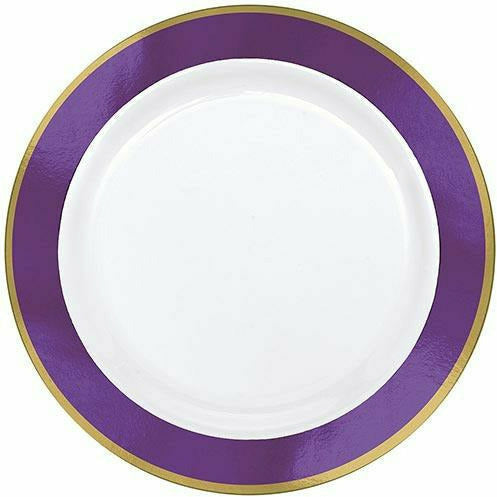Amscan BASIC Gold & Purple Border Premium Plastic Dinner Plates 10ct