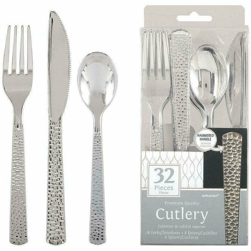 Amscan BASIC Silver Premium Plastic Hammered Cutlery Set 32ct