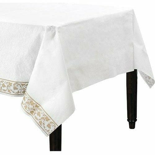 Amscan BASIC White Gold Scroll Premium Paper Table Cover