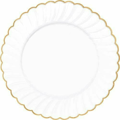 Amscan BASIC White Gold-Trimmed Premium Plastic Scalloped Dinner Plates 10ct