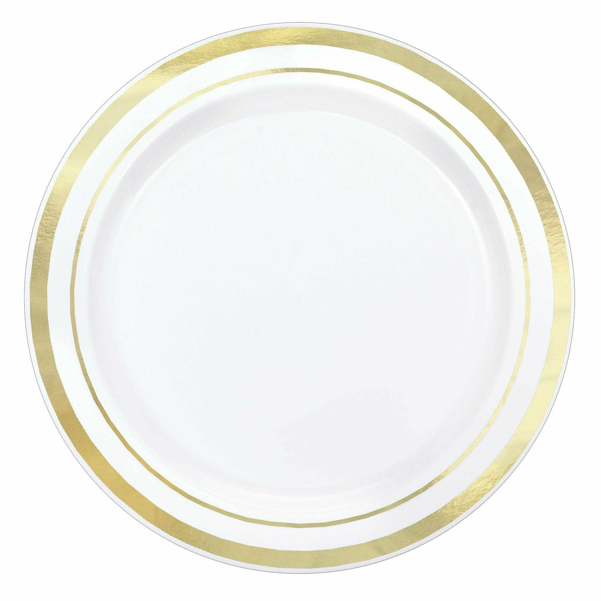 Amscan BASIC White Premium Plastic Round Plates with Gold Trim, 6 1/4"
