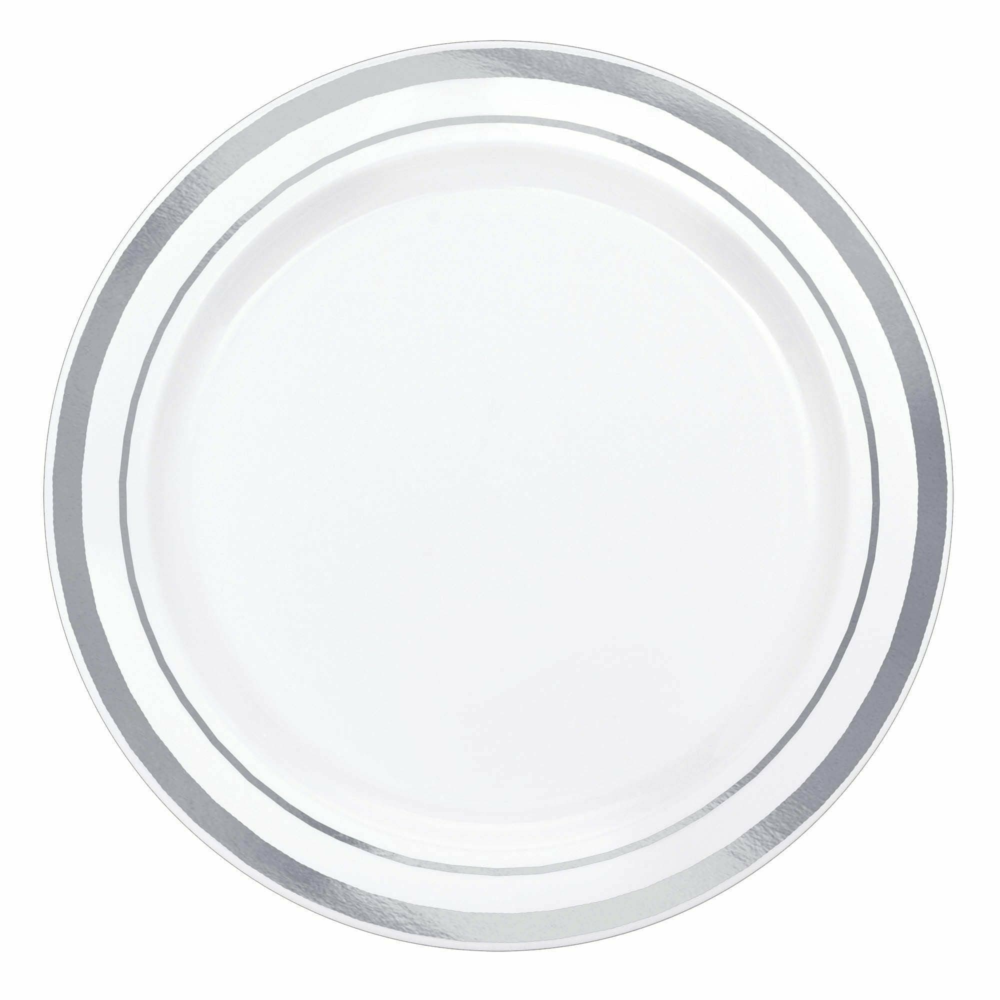 Amscan BASIC White Premium Plastic Round Plates with Silver Trim