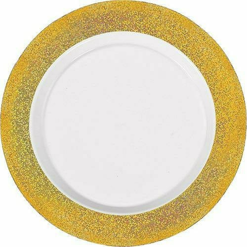 Amscan BASIC White Prismatic Gold Border Premium Plastic Dinner Plates 10ct