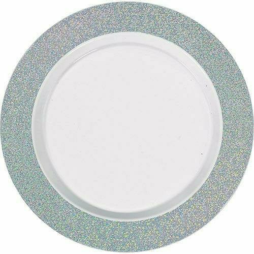 Amscan BASIC White Prismatic Silver Border Premium Plastic Dinner Plates 10ct