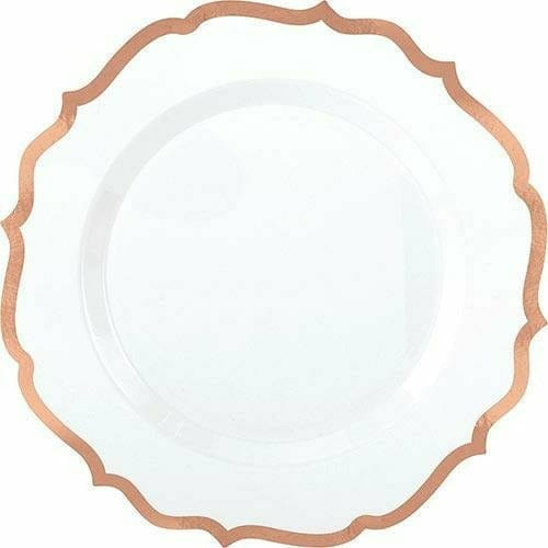 Amscan BASIC White Rose Gold-Trimmed Ornate Premium Plastic Dinner Plates 10ct