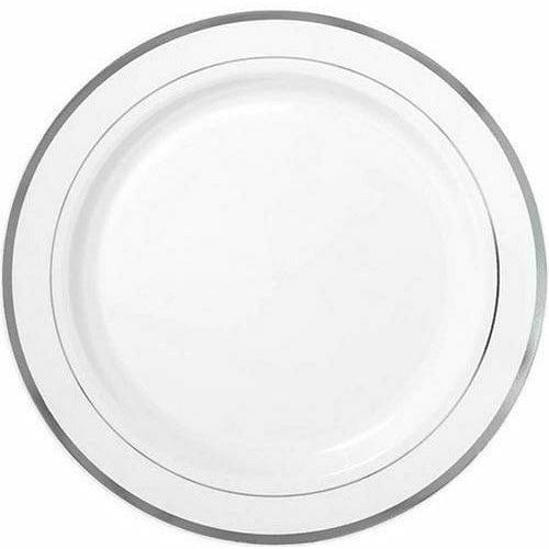 Amscan BASIC White Silver-Trimmed Premium Plastic Dinner Plates 10ct