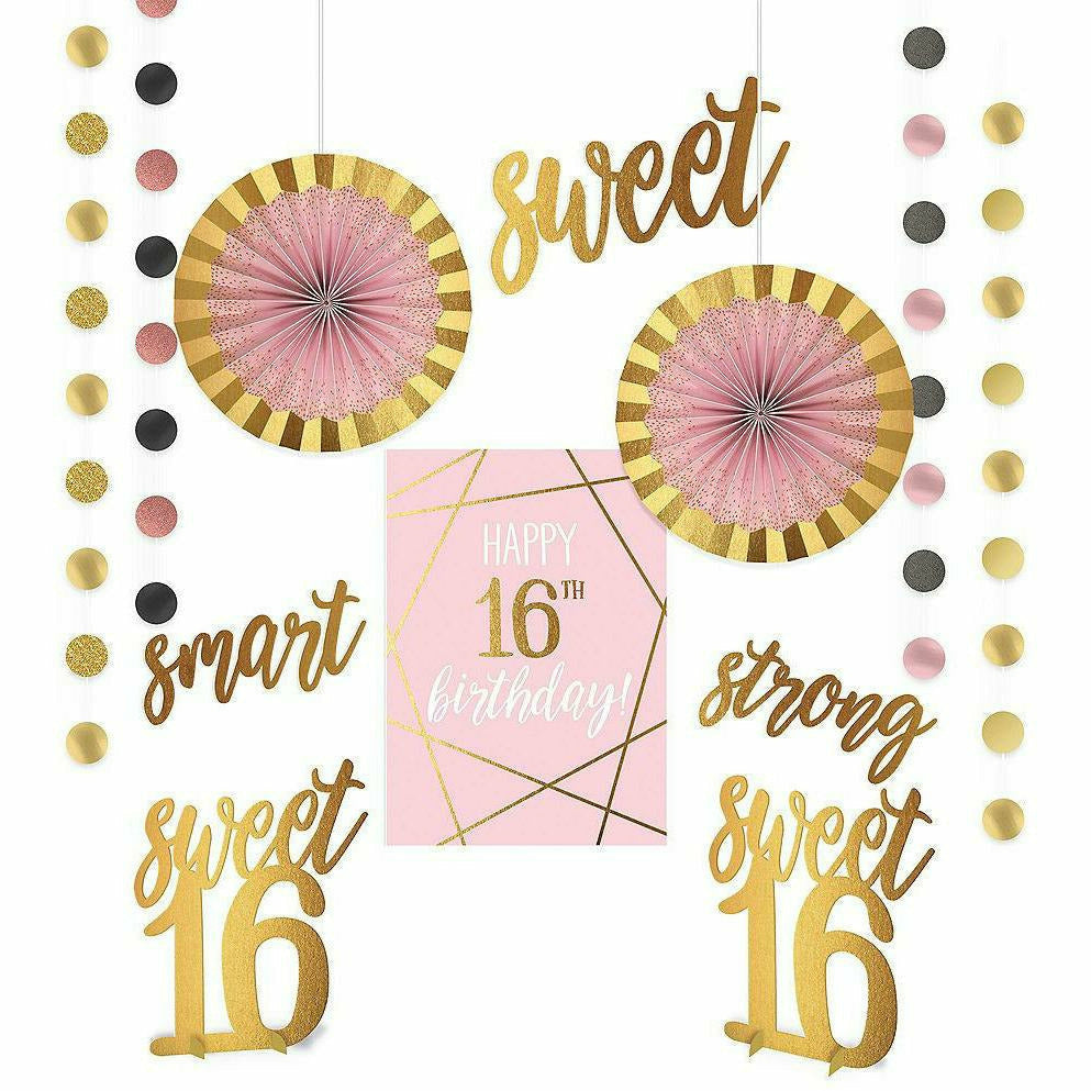 Amscan BIRTHDAY Metallic Gold & Pink Sweet 16 Room Decorating Kit 12pc