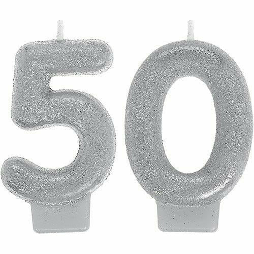 Amscan BIRTHDAY: OVER THE HILL Glitter Silver Number 50 Birthday Candles 2ct