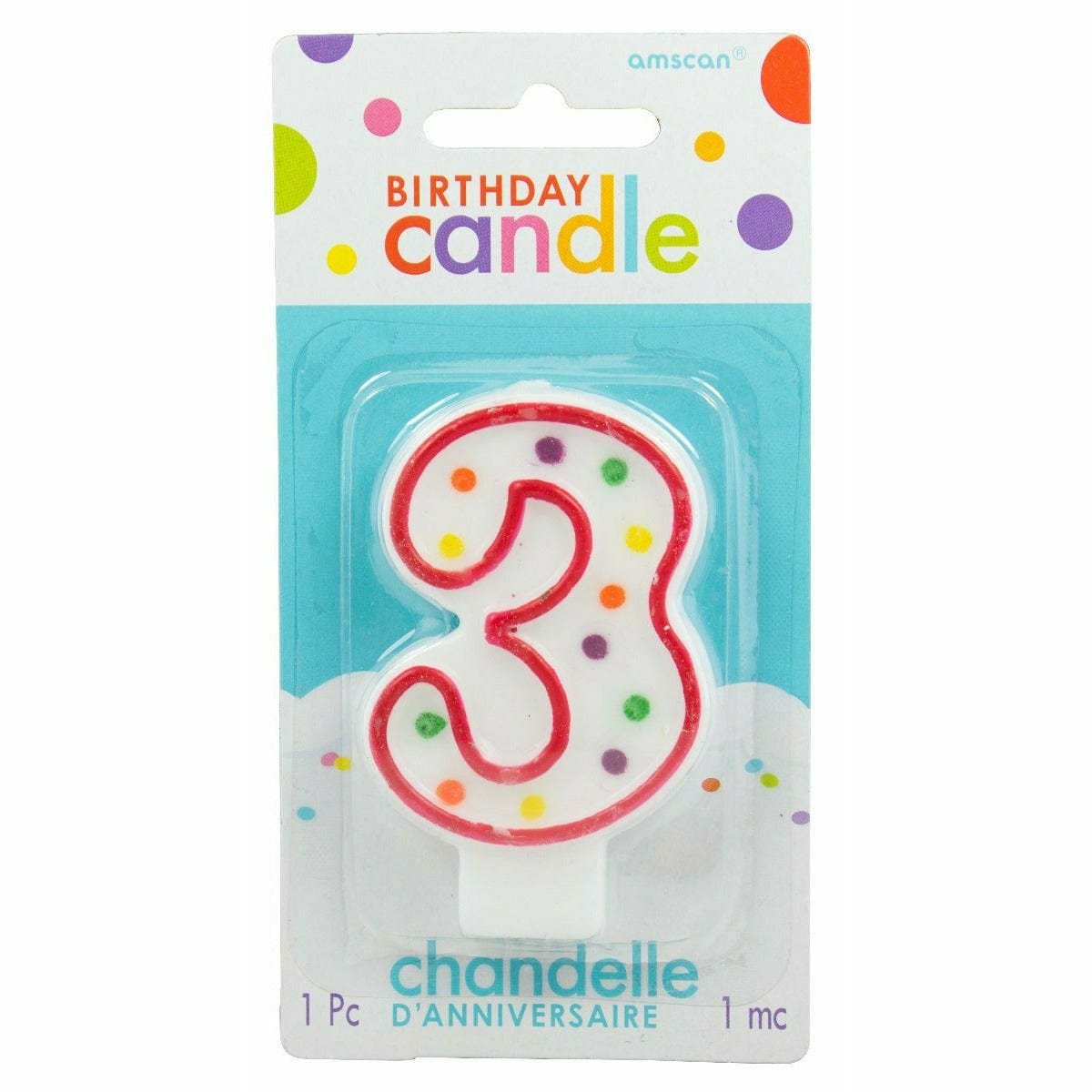 Amscan CANDLES Polka Dots "3" Flat Molded Candle White/Red