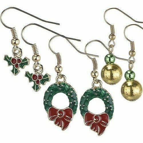 Amscan HOLIDAY: CHRISTMAS Wreath &amp; Holly Christmas Earrings Set 6pc