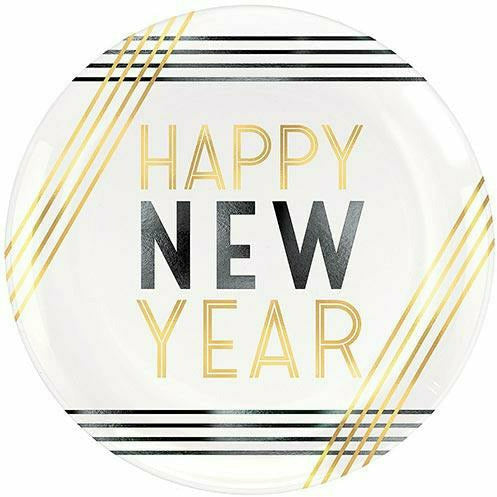 Amscan HOLIDAY: NEW YEAR&#39;S Black, Gold &amp; White Happy New Year Plastic Dessert Plates 4ct