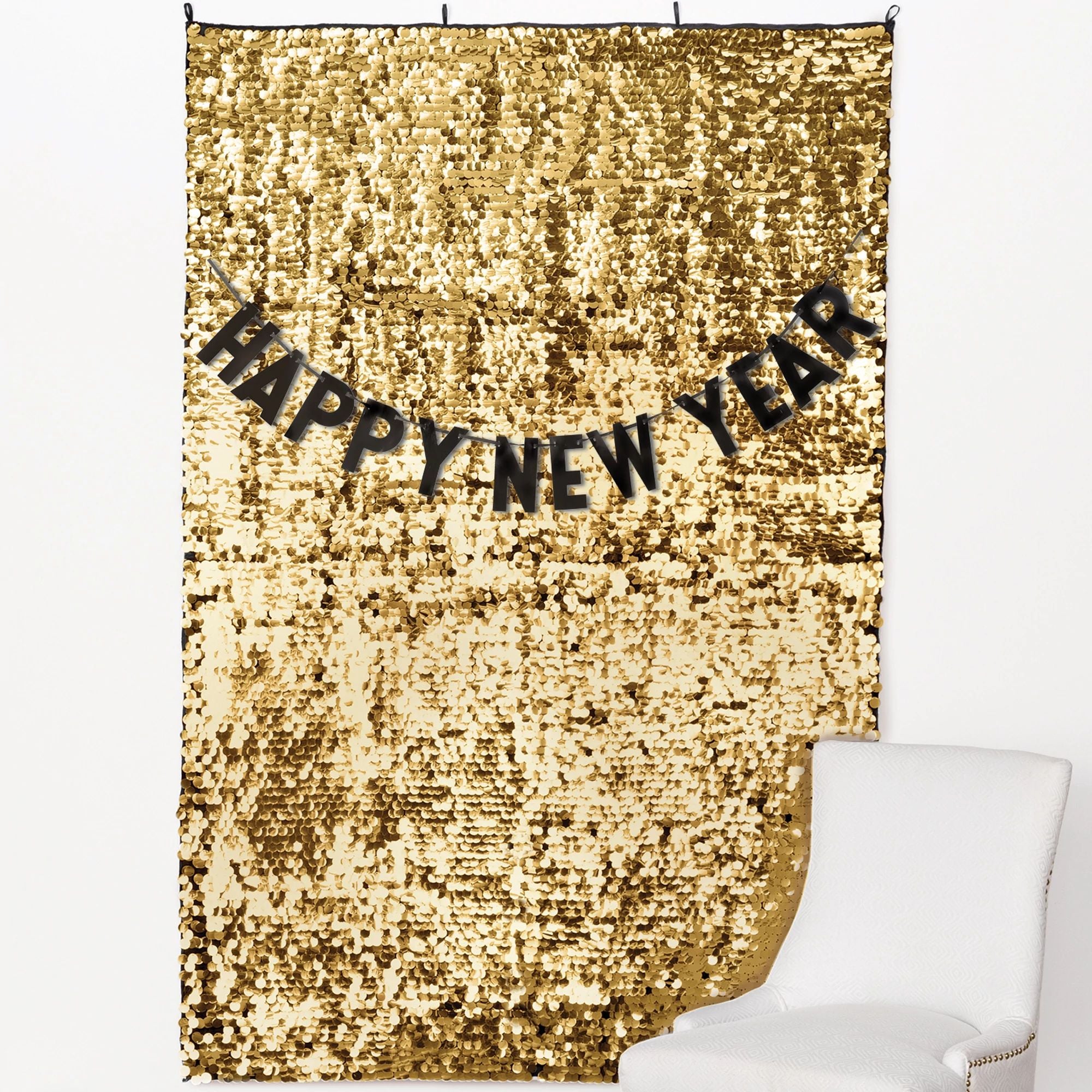 Amscan HOLIDAY: NEW YEAR'S Happy New Year Paillette Backdrop - Black, Silver, Gold