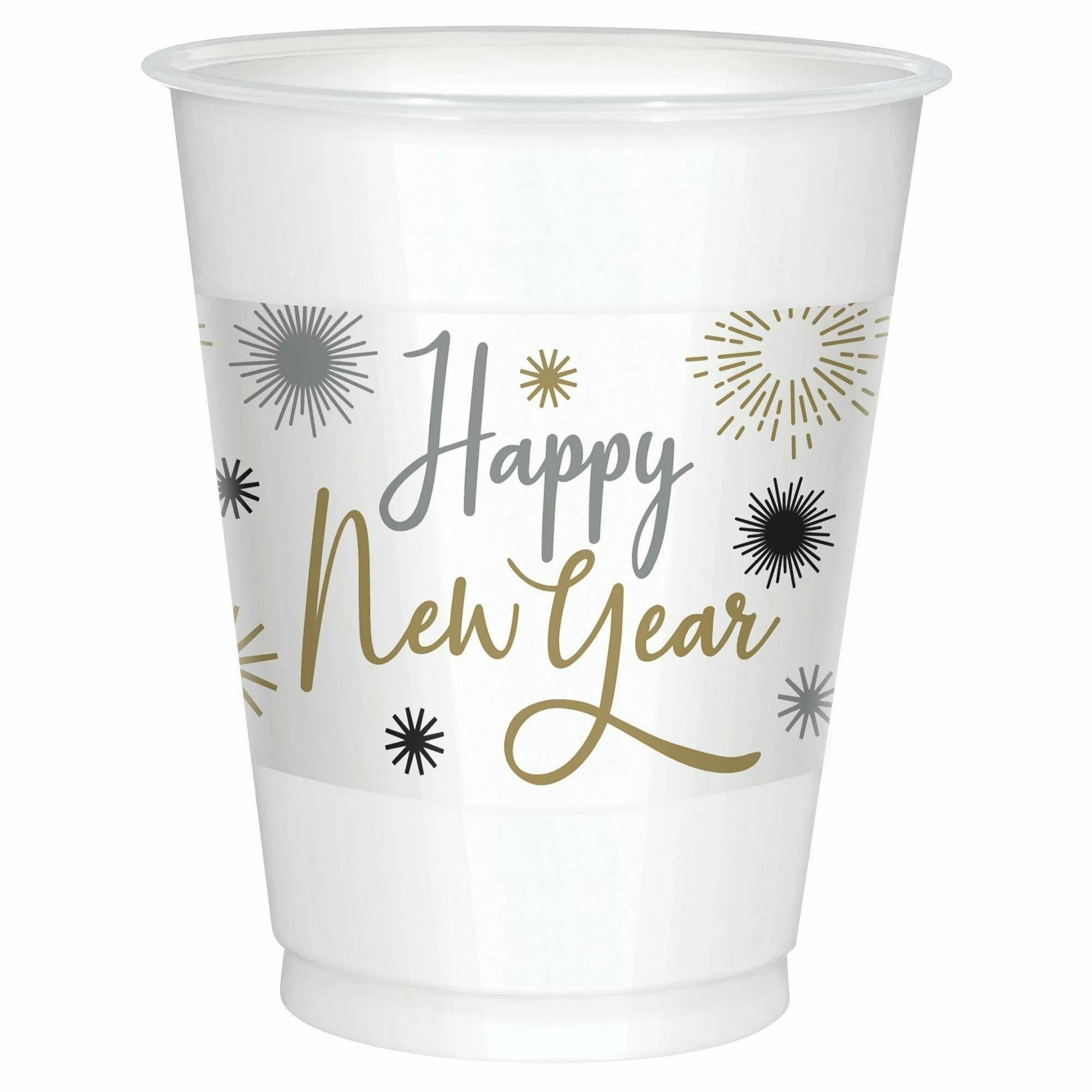 Amscan HOLIDAY: NEW YEAR'S Happy New Year Printed Plastic Cups - Black, Silver, Gold