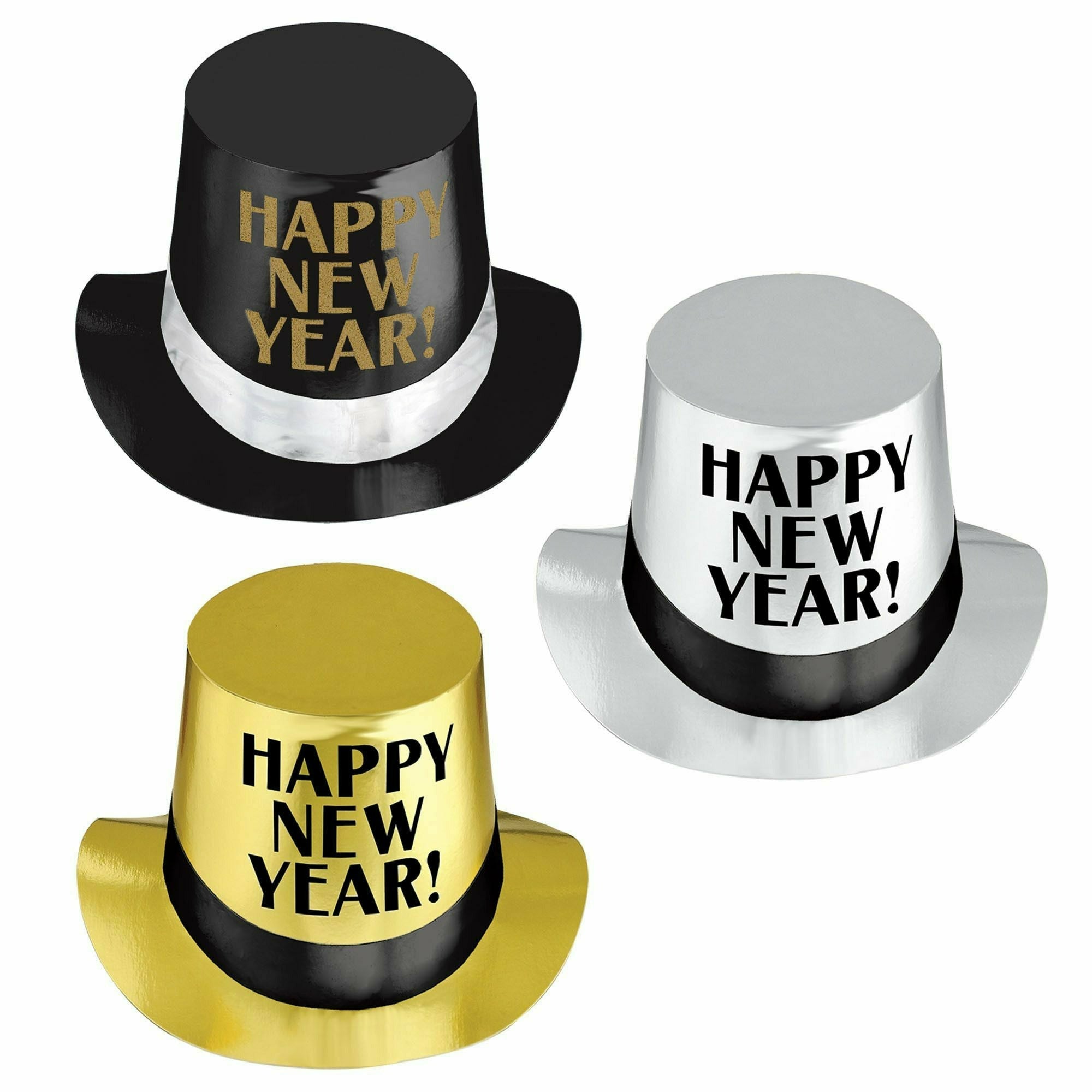 Amscan HOLIDAY: NEW YEAR'S Happy New Year Thick Paper Hats - Black, Silver & Gold