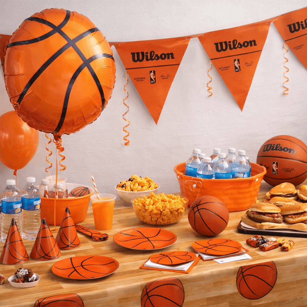 basketball party with balloons and decor