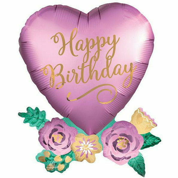 Burton and Burton BALLOONS 30&quot; Birthday Satin Heart With Flowers Jumbo Foil